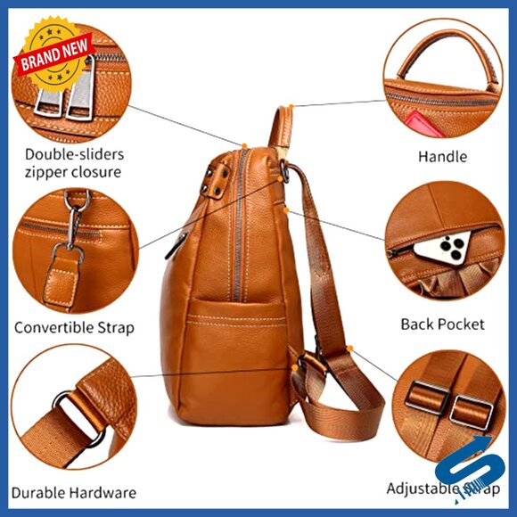 Genuine Leather Backpack Purse Convertible Shoulder Bag Medium Size main image 6